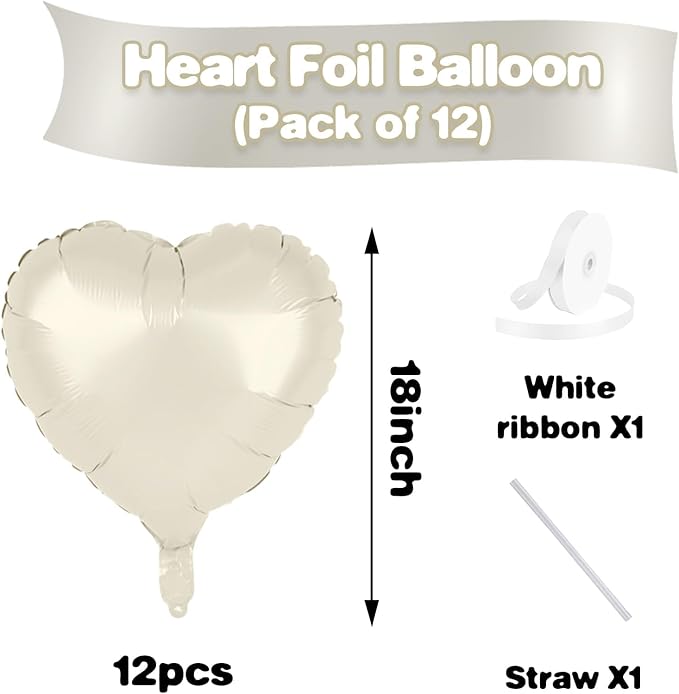 Cream Heart Balloons,12Pcs 18 Inch Beige Foil Love Heart Shaped Neutral Balloons for Bridal Princess Engagement Party Boho Wedding Gender Reveal Anniversary Birthday Valentines Day Decorations