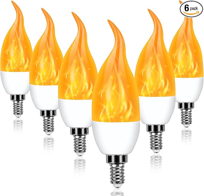 E12 LED Flickering Candelabra Flame Effect Light Bulbs - Upgrade Flicker Candelabra Torch Fire Effect Lights Bulbs for Outdoor Halloween Xmas Holiday Decorations Indoor Lamp (6 Pack)