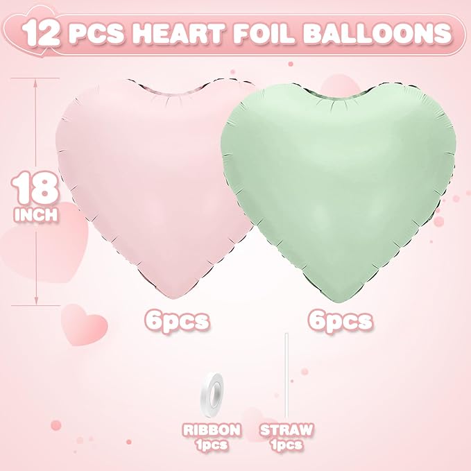 Pink Green Heart Balloons,12Pcs 18Inch Baby Pink Sage Green Heart Shaped Foil Helium Balloons for Baby Shower Birthday Anniversary Wedding Engagement Party Decorations