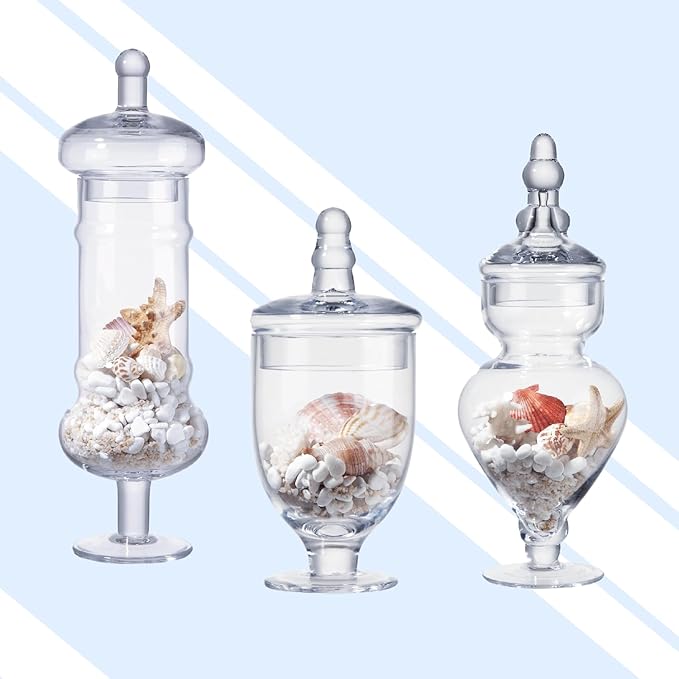 Set of 3 Apothecary Jar Glass Decorative Candy Jars Elegant Storage Candy Buffet Display, Wedding Candy Organizer Canisters (H: 9", 12.5", 14"; 20 FL.OZ, 23 FL.OZ and 28 FL.OZ)