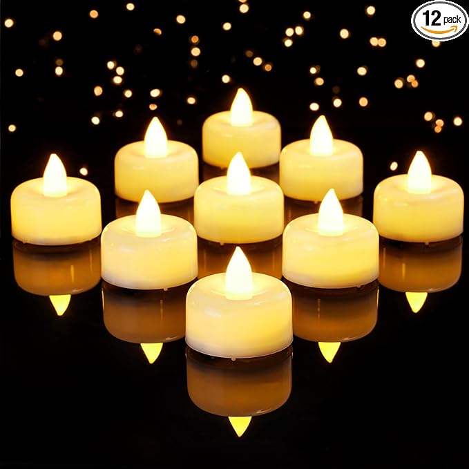 Amagic 12 Pack Timer Tea Lights Candles Battery Operated Candles with 6H Timer, Auto On Daily, Flickering LED TeaLights for Wedding, Table Centerpiece, Home Decor, Christmas, Halloween, Ivory Base