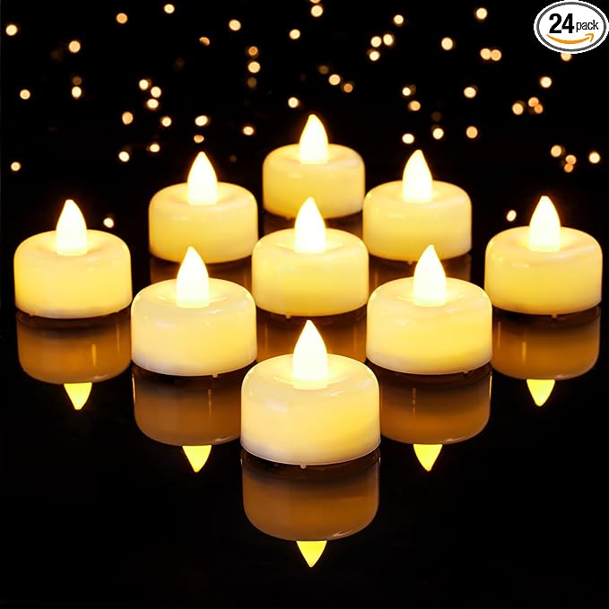 Amagic 24 Pack Timer Tea Lights Candles Battery Operated Candles with 6H Timer, Auto On Daily, Flickering LED TeaLights for Wedding, Table Centerpiece, Home Decor, Christmas, Halloween, Ivory Base