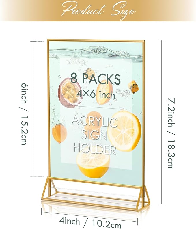 HOODO 8 Pack 4x6 Acrylic Table Number Holders with Golden Border, Double-Sided Clear Acrylic Sign Holder Gold Picture Frames Sign Holder, Vertical Stand (4"x6"-8 Pack)