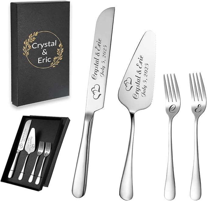Personalized Wedding Cake Knife and Server Set, Custom Names Cake Cutting Set with Stainless Steel Forks, Customized Bridal Anniversary Birthday Wedding Registry Gifts (Silver)