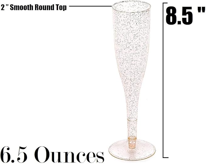 Oojami 90 Plastic 6.5 oz Disposable Champagne Flutes Ideal for Toasting, Wedding, Birthday, Baby Showers, Retirement, Celebration, Mimosa, Cocktails, Engagements, Birthday, Parties (Gold Glitter)