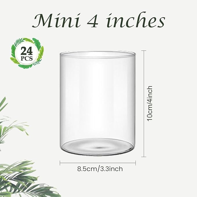 24 Pcs 4 Inch Tall Glass Vases Bulk Clear Cylinder Flower Vases Transparent Candle Holder for Wedding Centerpieces Home Decoration Dinners Party Event