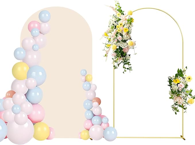 7.2FT Wedding Arch Backdrop Stand and Beige Arch Cover, Beige Spandex Fitted Backdrop Cover and Gold Wedding Arch Frame for Birthday Party Wedding Ceremony Bridal Baby Shower, Parties Decoration.