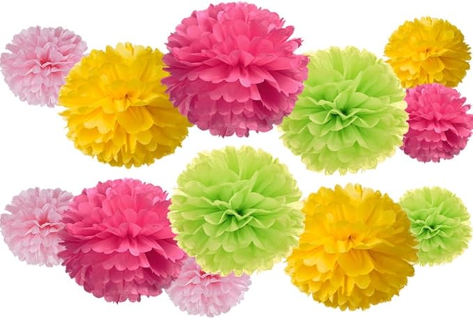 Hot Pink Yellow and Green Tissue Paper Pom Poms Flower for Baby Shower Spring Summer Jungle Birthday Wedding Groovy Theme Party Decoration, 12pc