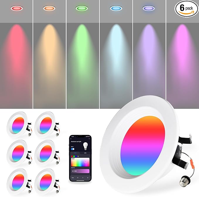 4 inch Smart LED Can Lights Retrofit Recessed Lighting, RGB Color Changing WIFI&Bluetooth Downlight,9W 750LM Bluetooth Baffle Trim Downlight,Compatible with Alexa, Google Home and Siri,6 Pack