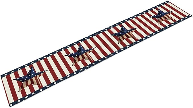 4th of July Table Runner, Patriotic Independence Day American Stars Stripes Flag Print Table Runner for Farmhouse Kitchen Dining Holiday Birthday Party, 13x90inch