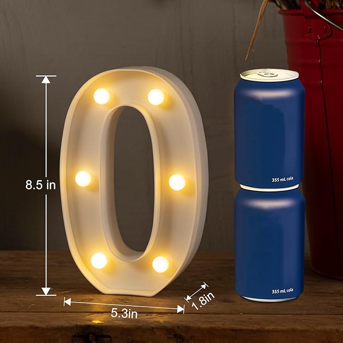 HXWEIYE Light Up Numbers-0, LED Marquee Number Lights Sign 26 Alphabet and 10 Number for Party Bar Birthday, Light Up Letters Battery Powered Warm White Christmas Decoration Numbers Lights