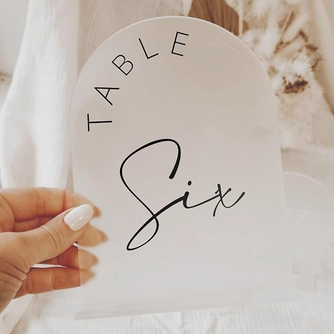 JINMURY Frosted Arch Wedding Table Numbers 1-15 with Stands, 5x7 Inch Frosted Arch Acrylic Sign with Black Letters, Arched Acrylic Table Numbers for Wedding Reception