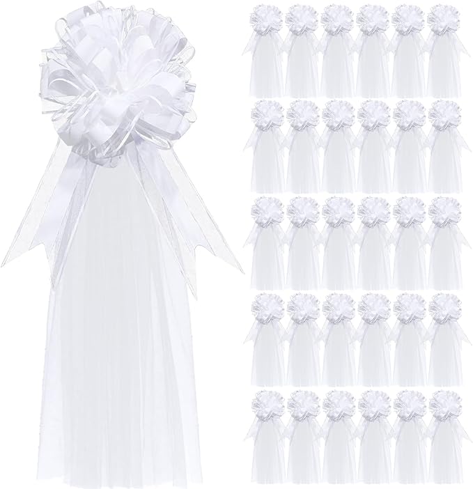 30 Set Wedding Pew Bows with Long Tulle Tails Wedding Aisle Decorations Church Chair Aisle Decoration Car Decoration Big Bows for Bridal Shower Reception Anniversary (White)
