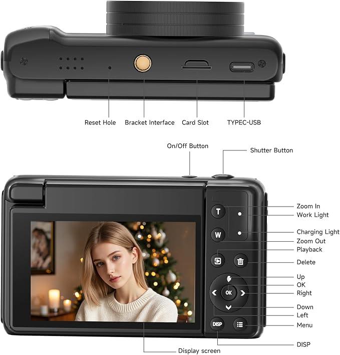 4K Digital Camera for Photography, Autofocus 64MP Vlogging Camera for YouTube with 3" 180° Flip Screen, 16X Zoom Compact Travel Point and Shoot Camera with Flash for Beginners, 64GB Card, Black