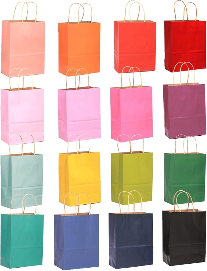 qiqee 100Pcs Small Size Paper Gift Bags with Handles - 8.3"x6"x3.15" Kraft Small Party Bags - 16 Solid Colors