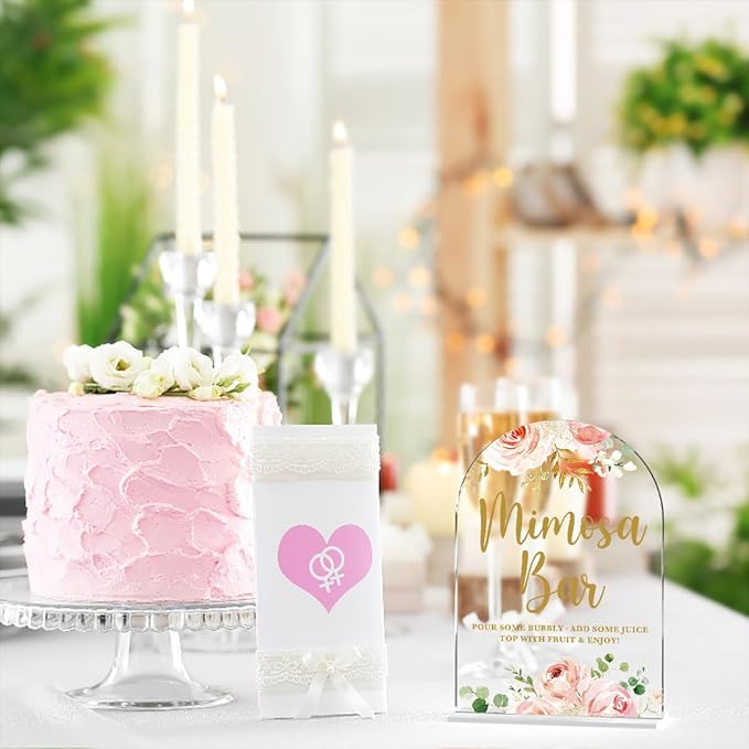 Acrylic Wedding Signs, Bridal Shower Decorations, Mimosa Bar Signs for Reception, Modern Calligraphy Arch Acrylic Table Top Sign for Wedding Reception and Engagement Parties (Clear Pink Flowers)
