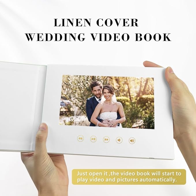 ALWAYS & FOREVER - GOLD FOIL Luxury Linen Bound wedding Video Book wedding Video Album Up to 3 hours of video, 7” IPS Display, 4GB of memory & Rechargeable Battery (ALWAYS & FOREVER)