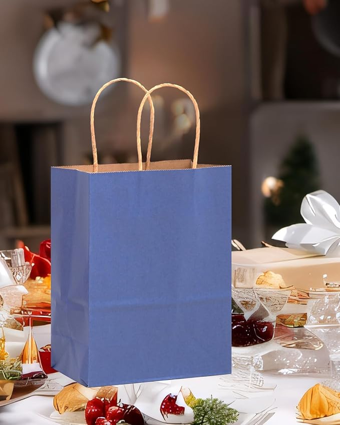 qiqee 100PCS Gift Bag with Handles Bulk Kraft Deep Blue Paper Bags Multiple Uses (13''x5 x10 inch Large Size)