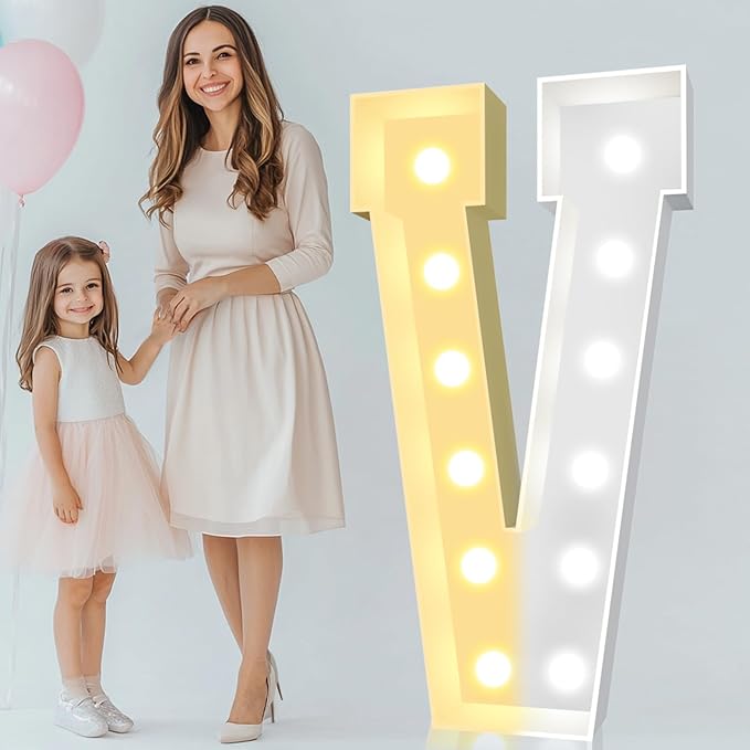 Pooqla 4 FT Marquee Light Up Letters, Cool White and Warm White Giant LED Sign Marquee Letter 4 Feet Tall，Big Mosaic Letter V for Balloons Birthday Party Anniversary Wedding Decorations