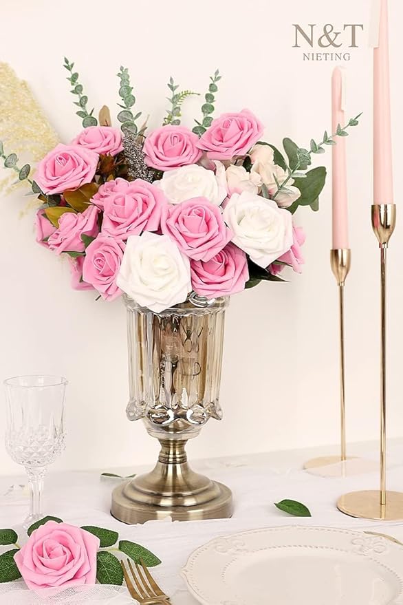 N&T NIETING Artificial Flowers Pink Roses, 50Pcs Fake Flowers Foam Roses with Stems for DIY Wedding Bridesmaid Bridal Bouquets Centerpieces Party Home Decoration Baby Shower