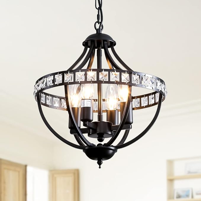 Crystal Chandelier Light Fixtures, 4-Lights Farmhouse Rustic Vintage Black Pendant Hanging Lighting Ceiling Chandeliers for Kitchen Island Dining Room Living Room Bedroom Foyer Hallway
