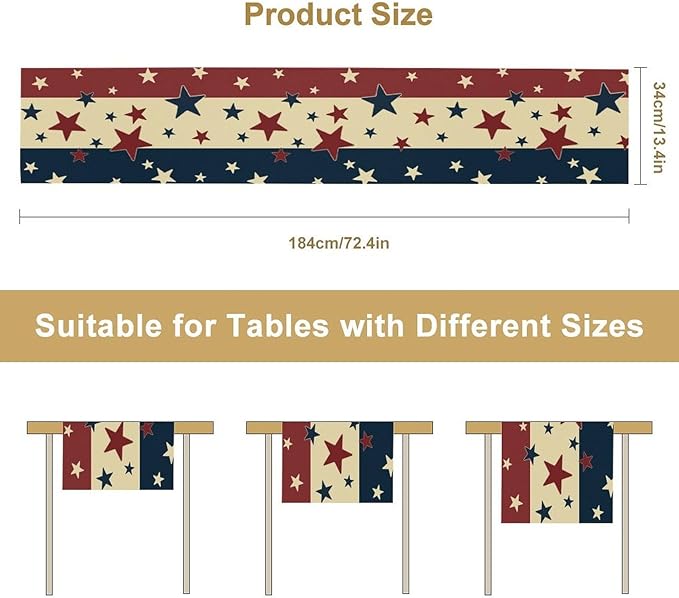 Memorial Day Table Runner, 4th of July American Patriotic Independence Day Stars Stripes Print Table Runne for Summer Holiday USA Home Decoration Party,13x90inch