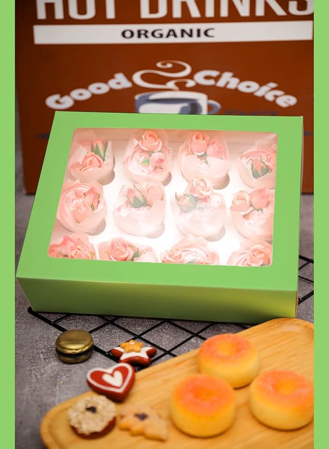 12 Cupcake Containers 10-Packs Avocado Cupcake Box Cupcakes Carrier, 12 Cupcake Boxes with Window 13"x10"x3.5"（Auto-pop up）