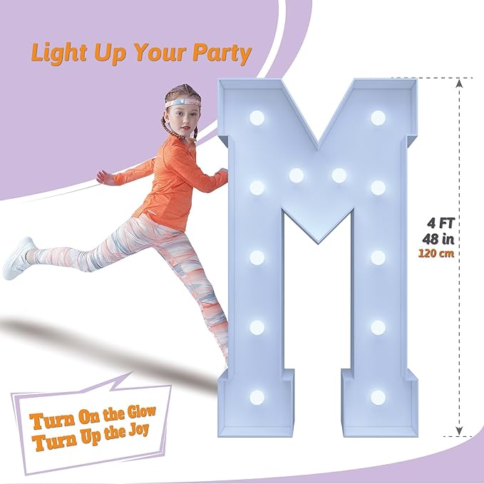 4FT Marquee Light Up Letters M – Cool White LED, Easy to Assemble Foam Board with Back Support, Large Marquee Light Up Letters for Birthday, Wedding, Party, Anniversary, Baby Shower Decor
