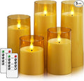 Fo32won Amber LED Flameless Pillar Candles Battery Operated with Remote and Timer, Set of 5 (D 3"×H 4" 5" 6" 8" 8") Decorative Plexiglass Flickering Candles with 3D Flame