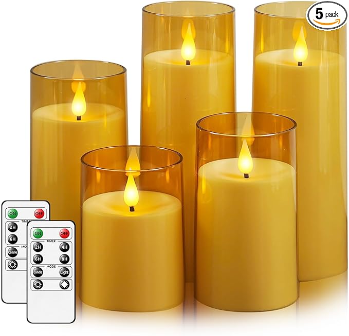 Fo32won Amber LED Flameless Pillar Candles Battery Operated with Remote and Timer, Set of 5 (D 3"×H 4" 5" 6" 8" 8") Decorative Plexiglass Flickering Candles with 3D Flame