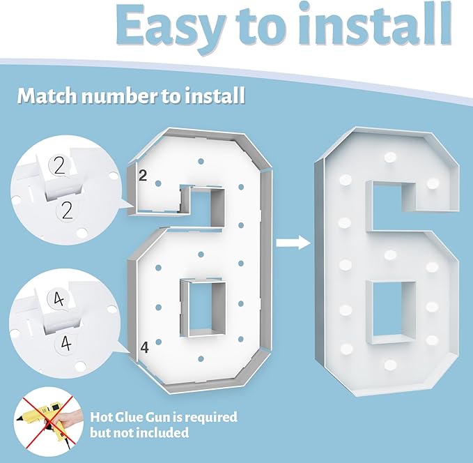 4FT Marquee Light Up Numbers - Cool White Light Up Number 6 with Fixed Water Bag, Party Decoration Large Marquee Lights Up Numbers can Be Used for Wedding Decoration, Birthday Party Deco