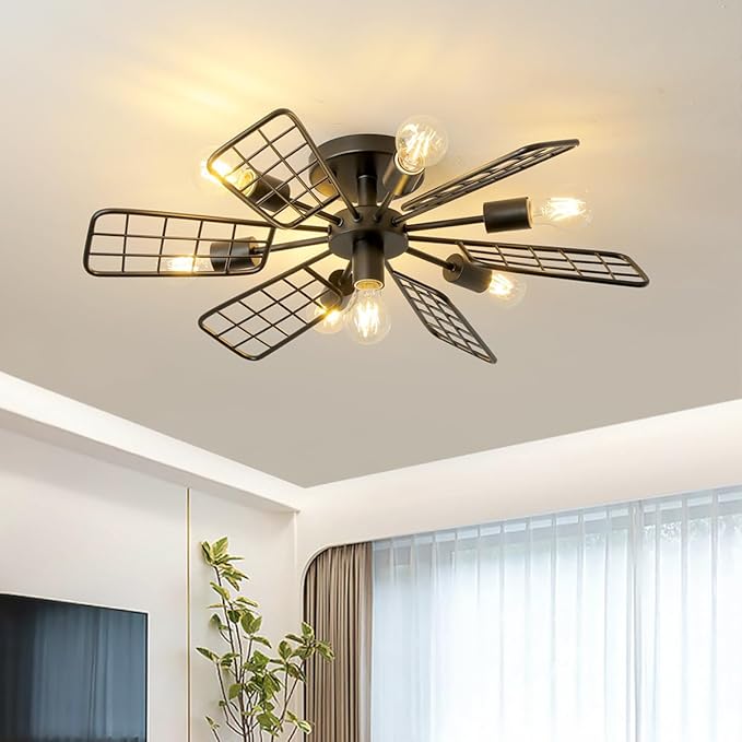 Modern Farmhouse Chandelier,28 Inch Black Metal Geometry Rustic Vintage Semi Flush Mounted Ceiling Light Fixture for Dining Room Bedroom Kitchen Island Hallway Foyer Entryway(7-Light)