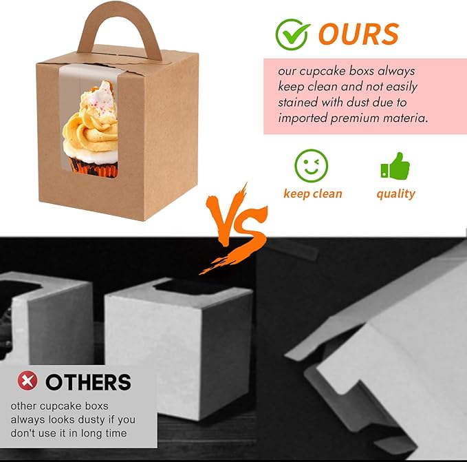 JCD Cupcake Boxes Kraft Paper, 120pcs Portable Cupcakes Holder Containers,Individual Cupcake Container Brown with Window Insert and Handle, Pastry Box Muffins Holder for Bakery Wrapping (Brown/120Pcs)