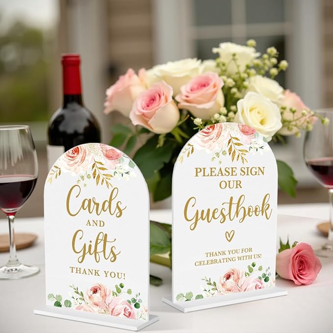 2 Pcs Acrylic Wedding Signs for Reception, Bridal Shower Decorations, Cards and Gifts Signs, Guest Book Sign, Arch Acrylic Table Top Sign with Holder for Wedding Reception (White Pink Flowers)