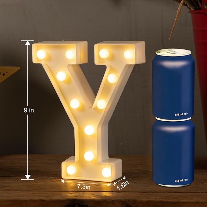 LED Marquee Letters Lights Sign Y, HXWEIYE Led Letter Lights 26 Alphabet, Light Up Number 0-9 Letters Sign Warm White for Party Home Birthday Anniversary Battery Powered (9 * 7.3 * 1.8IN)