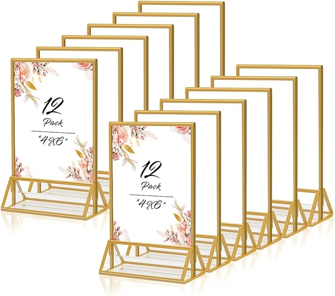 Gold Frames 4x6 Acrylic Sign Holder Double Sided Picture Frames for Wedding Table Number Menu Flyer Display for Office Home Party- Pack of 12