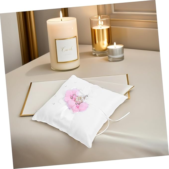 Floral Wedding Ring Bearer Pillow 20x20cm - Satin with Ribbon & Faux Pearls, Elegant Ceremony Decor for Bride and Flower Girl Accessories