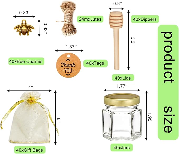 Adabocute Mini Honey Jars - Honey Pot With Honey Dipper, Bee Pendants, Jutes, Tags and Gold Organza Bags - Perfect For Baby Shower Favors, Party Favors and Wedding Favors, 40 Pack 1.5oz