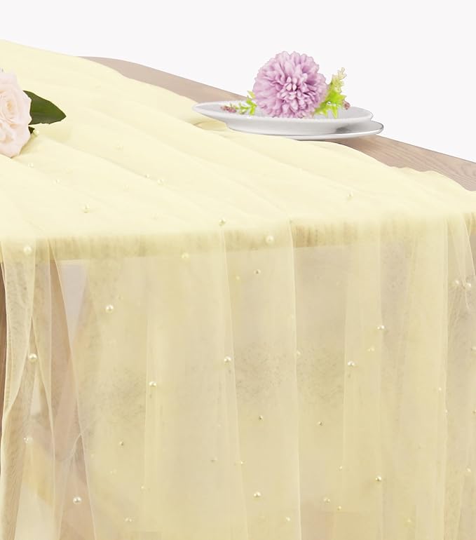 Pearl Table Runner 29 x 120 Inch Tulle Fabric Lace Table Runners Boho Rustic Tablecloth for Bridal Shower Birthday Party Wedding Arch Aisle Veil Dessert Table Decor(1 Pack, Ivory)