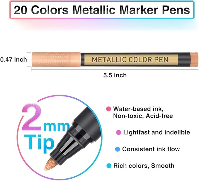 JR.WHITE Metallic Paint Markers, 20 Colors Paint Pen Craft Markers for Art, Rock Painting, Photo Albums, Scrapbooking, Black Paper, Mug, Wood, Easter Eggs, Drawing & Adult Art Supplies