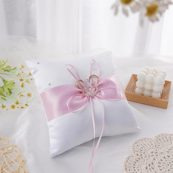 QIRMIZI Wedding Ring Pillow and Flower Girl Basket Set – Adorned with Pearl Rhinestones, White Satin,Pink