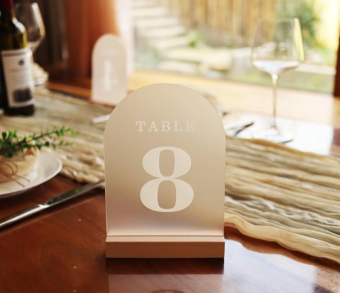 Wedding Table Numbers 11-15, Acrylic Arch Signs with Natural Wood Stands Holders, Rustic Table Decor for Reception & Parties (Frosted White)