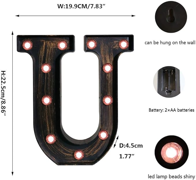 OYCBUZO Golden Black Led Marquee Letter - Industrial, Vintage Style Light Up Alphabet Letter Sign for Cafe Wedding Birthday Party Christmas Lamp Home Bar Initials Decor - U