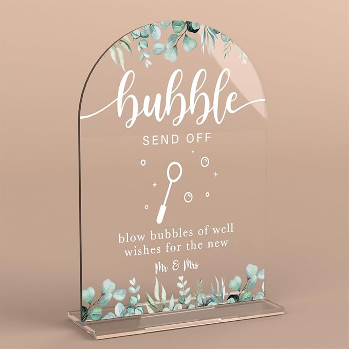 Acrylic Wedding Sign Bubble Send Off Signs for Ceremony Modern Calligraphy Arch Acrylic Table Top Signs for Wedding Reception and Event Party Table Decor (Eucalyptus Leaves)