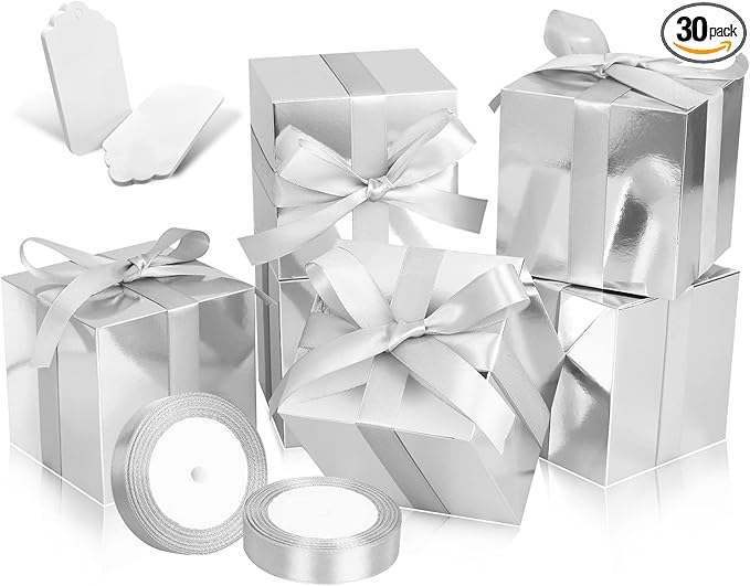 Silver Gift Boxes 5x5x5, 30 Pack Paper Gift Boxes with Lids for Gift, Bridesmaid Proposal Box, Cupcake Boxes, Gift Box for Wedding, Birthday, Groomsmen Proposal, Gifts, Packaging, Present