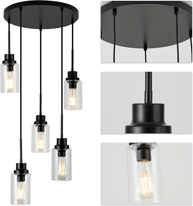 5-Light Kitchen Island Dimmable Pendant Lights with Clear Glass Shade, Black Finish for Dinning Room, Living Room, Kitchen Island