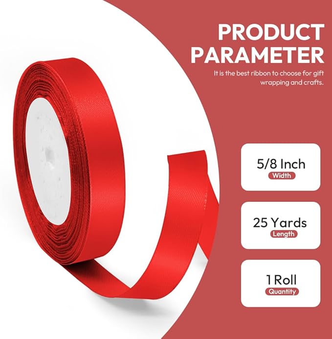 5/8" x 25 Yards Satin Ribbon, Red Silk Ribbon Ideal for Gift Wrapping, Floral Bouquets, Crafts, Wedding Party Decorations, Christmas and Sewing Projects