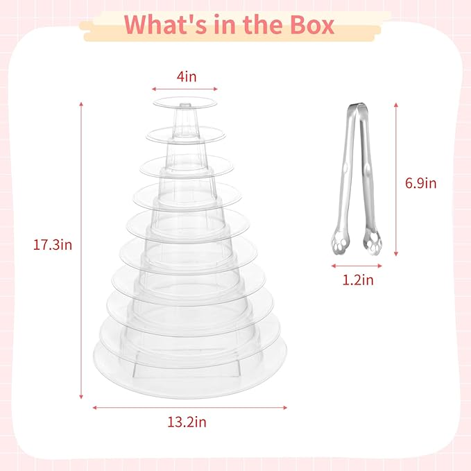 10-Tier Clear Macaron Display Stand, Plastic Macaron Tray Tower with Stainless Steel Serving Tongs, Clear Round Macaron Display Rack, Cupcake Dessert Stand for Weddings, Birthday Parties, Bakeries