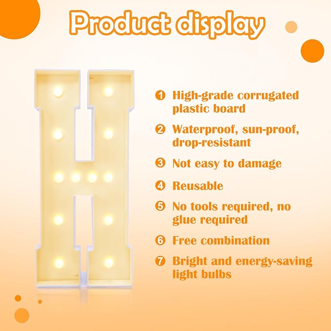 4ft Marquee for Letters, Large Light up Letters, Multifunctional 4ft Light up Letters Marquee for Party Decorations, Letter Balloons, Wedding Decor, Proposal Decorations (Letters H)