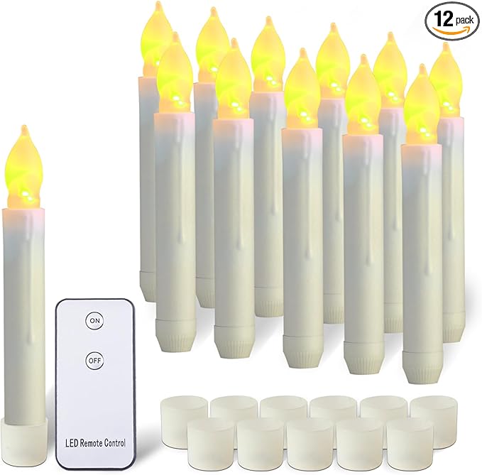 Amagic 12pcs Batteries Operated Taper Candles with Remote, Warm White Flickering Light, Flameless Handheld Candles Floating, Led Hanging Candlesticks for Party Halloween Christmas Church Home